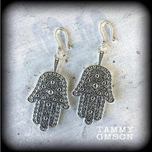 Load image into Gallery viewer, Hand of Fatima earrings Hamsa hand earrings Large earrings Ear hangers Ear weights Hamesh Hand earrings Dangle earrings 3mm tunnel dangle