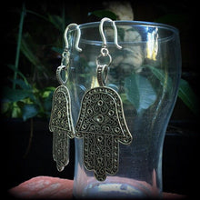 Load image into Gallery viewer, Hand of Fatima earrings Hamsa hand earrings Large earrings Ear hangers Ear weights Hamesh Hand earrings Dangle earrings 3mm tunnel dangle