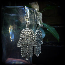 Load image into Gallery viewer, Hand of Fatima earrings Hamsa hand earrings Large earrings Ear hangers Ear weights Hamesh Hand earrings Dangle earrings 3mm tunnel dangle