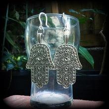 Load image into Gallery viewer, Hand of Fatima earrings Hamsa hand earrings Large earrings Ear hangers Ear weights Hamesh Hand earrings Dangle earrings 3mm tunnel dangle