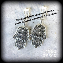 Load image into Gallery viewer, Hand of Fatima earrings Hamsa hand earrings Large earrings Ear hangers Ear weights Hamesh Hand earrings Dangle earrings 3mm tunnel dangle