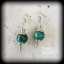 Load image into Gallery viewer, Gemstone earrings Green agate earrings Crystal earrings Chakra earrings Plug earrings Dangle earrings 8 gauge tunnel earrings Tunnel dangles