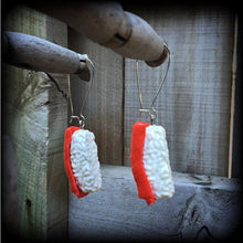 Load image into Gallery viewer, Sushi earrings, Niguiri Maguro, Salmon sashimi, Japanese earrings, Food earrings, Fish earrings for pierced ears or stretched lobes, Gauges