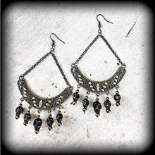 Load image into Gallery viewer, Voodoo earrings Skull earrings Large bronze earrings Tribal earrings Ornate earrings Ogoun jewelry Tunnel earrings Plug earrings Loa jewelry