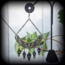 Load image into Gallery viewer, Voodoo earrings Skull earrings Large bronze earrings Tribal earrings Ornate earrings Ogoun jewelry Tunnel earrings Plug earrings Loa jewelry