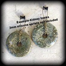 Load image into Gallery viewer, 8 gauge ear weights for stretching 3mm ear hangers Jasper earrings Green jasper jewelry Stone weights Plug earrings Hanging gauges Tunnels