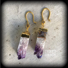 Load image into Gallery viewer, Amethyst Earrings Gemstone Earrings Quartz Earrings Crystal Rock Organic Dangle earrings Gauge earrings Plug earrings Tunnel dangles 2g 4g