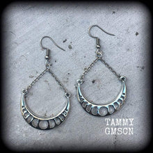 Load image into Gallery viewer, Moon phases Moon earrings Waxing moon earrings Pagan jewelry New moon Waxing moon Tunnel dangles Gauged earrings Plug earrings 8 gauge 6g 4g
