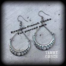 Load image into Gallery viewer, Moon phases Moon earrings Waxing moon earrings Pagan jewelry New moon Waxing moon Tunnel dangles Gauged earrings Plug earrings 8 gauge 6g 4g