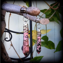 Load image into Gallery viewer, Rhodonite earrings Gemstone earrings Dangle earrings Pendulum earrings Wicca Pagan Chakra Earrings for pierced ears and stretched lobes 3mm