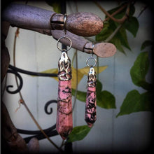Load image into Gallery viewer, Rhodonite earrings Gemstone earrings Dangle earrings Pendulum earrings Wicca Pagan Chakra Earrings for pierced ears and stretched lobes 3mm