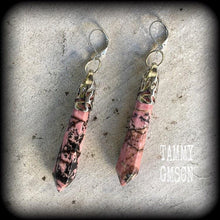 Load image into Gallery viewer, Rhodonite earrings Gemstone earrings Dangle earrings Pendulum earrings Wicca Pagan Chakra Earrings for pierced ears and stretched lobes 3mm