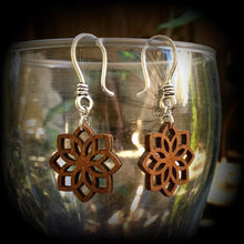 Load image into Gallery viewer, Mandala earrings Geometric earrings Sacred Geometry Wood Fractal Plug earrings Tunnel dangles Yoga earrings Boho earrings Pierced ears Plugs