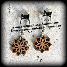 Load image into Gallery viewer, Mandala earrings Geometric earrings Sacred Geometry Wood Fractal Plug earrings Tunnel dangles Yoga earrings Boho earrings Pierced ears Plugs