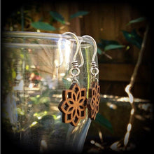 Load image into Gallery viewer, Mandala earrings Geometric earrings Sacred Geometry Wood Fractal Plug earrings Tunnel dangles Yoga earrings Boho earrings Pierced ears Plugs
