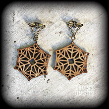 Load image into Gallery viewer, Mandala earrings Geometric earrings Sacred Geometry Wood Fractal Plug earrings Tunnel dangles Boho earrings Wood jewelry 6mm 2 gauge plugs