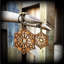 Load image into Gallery viewer, Mandala earrings Geometric earrings Sacred Geometry Wood Fractal Plug earrings Tunnel dangles Boho earrings Wood jewelry 6mm 2 gauge plugs