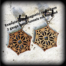 Load image into Gallery viewer, Mandala earrings Geometric earrings Sacred Geometry Wood Fractal Plug earrings Tunnel dangles Boho earrings Wood jewelry 6mm 2 gauge plugs