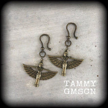 Load image into Gallery viewer, Egyptian earrings Isis earrings Esoteric earrings Osiris Horus Hathor Goddess Pharoah Ankh earrings Tunnel earrings Pierced ears Gauges