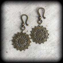 Load image into Gallery viewer, 2 gauge weights 6mm mandala ear weights 4 gauge 5mm Bronze ear hangers 8 gauge plug dangles 0 gauge Gauged earrings Tunnel dangles Gauges 6g