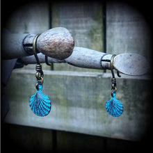 Load image into Gallery viewer, Shell earrings Patina jewelry Nautical jewelry Mermaid earrings Lovecraft 3mm Tunnel dangles 8 gauge Tunnel earrings Plug earrings Gauges 2g