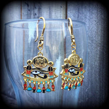 Load image into Gallery viewer, Eye of Horus earrings Eye of Udjat earrings Eye of Wedjat earrings Egyptian earrings Dangly earrings Eye of Ra Tunnel earrings Plug dangles