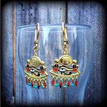 Load image into Gallery viewer, Eye of Horus earrings Eye of Udjat earrings Eye of Wedjat earrings Egyptian earrings Dangly earrings Eye of Ra Tunnel earrings Plug dangles