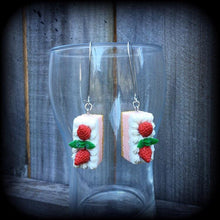 Load image into Gallery viewer, Cake earrings Strawberry Short Cake Kitsch earrings Junk food Dangle earrings 3mm tunnel earrings 4mm tunnel dangles 5mm plug dangles Gauges