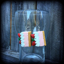 Load image into Gallery viewer, Cake earrings Strawberry Short Cake Kitsch earrings Junk food Dangle earrings 3mm tunnel earrings 4mm tunnel dangles 5mm plug dangles Gauges