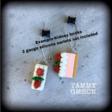 Load image into Gallery viewer, Cake earrings Strawberry Short Cake Kitsch earrings Junk food Dangle earrings 3mm tunnel earrings 4mm tunnel dangles 5mm plug dangles Gauges