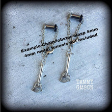 Load image into Gallery viewer, 4mm ear hangers Witchy plug dangles 5mm Besom 6mm 8mm 0 gauge tunnel dangles Witches broom Plug earrings For stretched ears Gauged earrings