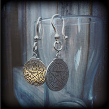 Load image into Gallery viewer, Tetragrammaton amulet earrings, Pentacle earrings, Talisman jewelry, Occult jewelry, Esoteric jewelry, Hebrew jewelry, Quaballah, Kaballah