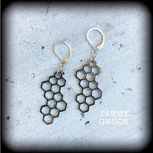 Load image into Gallery viewer, Hexagon earrings, Bee earrings, Honeycomb jewelry, Geometric earrings, Sacred Geometry, Earrings for pierced ears or stretched lobes, Gauges