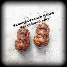 Load image into Gallery viewer, Foo Dog earrings, Wood earrings, Chinese Lion ear weights, Carved Wood earrings, Organic earrings, Chinese New Year Zodiac, Tunnel earrings