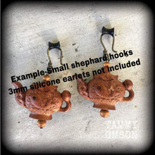 Load image into Gallery viewer, Tea Pot earrings Kitsch earrings Wood earrings Lotus earrings Koi fish earrings Carved Wood earrings High Tea earrings Japanese earrings