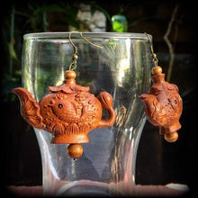 Load image into Gallery viewer, Tea Pot earrings Kitsch earrings Wood earrings Lotus earrings Koi fish earrings Carved Wood earrings High Tea earrings Japanese earrings