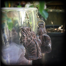 Load image into Gallery viewer, Chinese earrings Turtle earrings Carved wood earrings Mythology earrings Zodiac Dragon turtle earrings Animal earrings Foo Dog earrings
