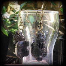 Load image into Gallery viewer, 2 gauge ear weights 8mm ear hangers Carved Wood Plug earrings Wood 8 gauge Tunnel dangles 6mm Hanging Gauges Foo Dog 0 gauge Gauged earrings