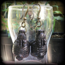 Load image into Gallery viewer, 2 gauge ear weights 8mm ear hangers Carved Wood Plug earrings Wood 8 gauge Tunnel dangles 6mm Hanging Gauges Foo Dog 0 gauge Gauged earrings