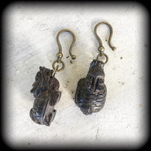 Load image into Gallery viewer, 2 gauge ear weights 8mm ear hangers Carved Wood Plug earrings Wood 8 gauge Tunnel dangles 6mm Hanging Gauges Foo Dog 0 gauge Gauged earrings