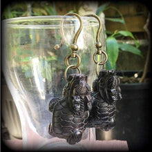 Load image into Gallery viewer, 2 gauge ear weights 8mm ear hangers Carved Wood Plug earrings Wood 8 gauge Tunnel dangles 6mm Hanging Gauges Foo Dog 0 gauge Gauged earrings