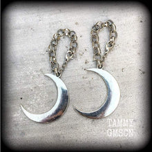 Load image into Gallery viewer, 10mm ear hangers 00 gauge plug dangles Crescent moon tunnel dangles Cresent moon gauged earrings Hanging gauges Tunnel earrings Plug earring