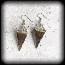 Load image into Gallery viewer, Tigers Eye Earrings Gemstone earrings Pyramid Earrings Boho earrings Tigers eye jewelry Pierced ears Tunnel earrings Plug dangles Gauges