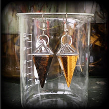 Load image into Gallery viewer, Tigers Eye Earrings Gemstone earrings Pyramid Earrings Boho earrings Tigers eye jewelry Pierced ears Tunnel earrings Plug dangles Gauges