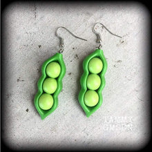 Load image into Gallery viewer, Pea Pod earrings, Vegetable earrings, Food jewelry, Muchies earrings, Vegan earrings, Gufts for vegans, For pierced ears or stretched lobes