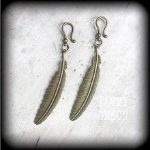 Load image into Gallery viewer, 0 gauge 6mm 8mm  2 gauge Feather ear hangers Bronze weights Tunnel dangles Plug dangles Wing Bird Boho Plug hangers Hanging gauges Gauges