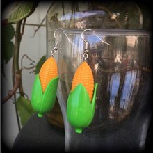 Load image into Gallery viewer, Corn earrings, Corn Cob, Vegan earrings, Vegetable, Food earrings, Thanksgiving, Christmas, Tunnel earrings, Novelty earrings, Plug gauges