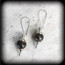 Load image into Gallery viewer, Tigers Eye earrings Gemstone earrings Boho earrings Tigers eye jewelry Pierced ears Tunnel earrings Plug dangles Gauged earrings Gauges