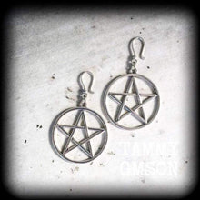 Load image into Gallery viewer, Silver pentagram earrings Witchy Boho Wicca Pagan Pentacle Hippie Evil Coven earrings Gauges Plug earrings Tunnel earrings Pierced ears 8mm