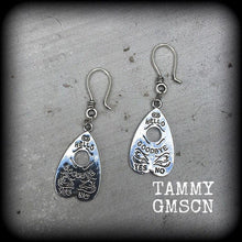 Load image into Gallery viewer, 3mm 8 gauge Ouija plug dangle Planchette Tunnel dangles 2 gauge ear hangers Esoteric jewelry 4mm gauges 8 gauge hangers 8mm Gauged earrings